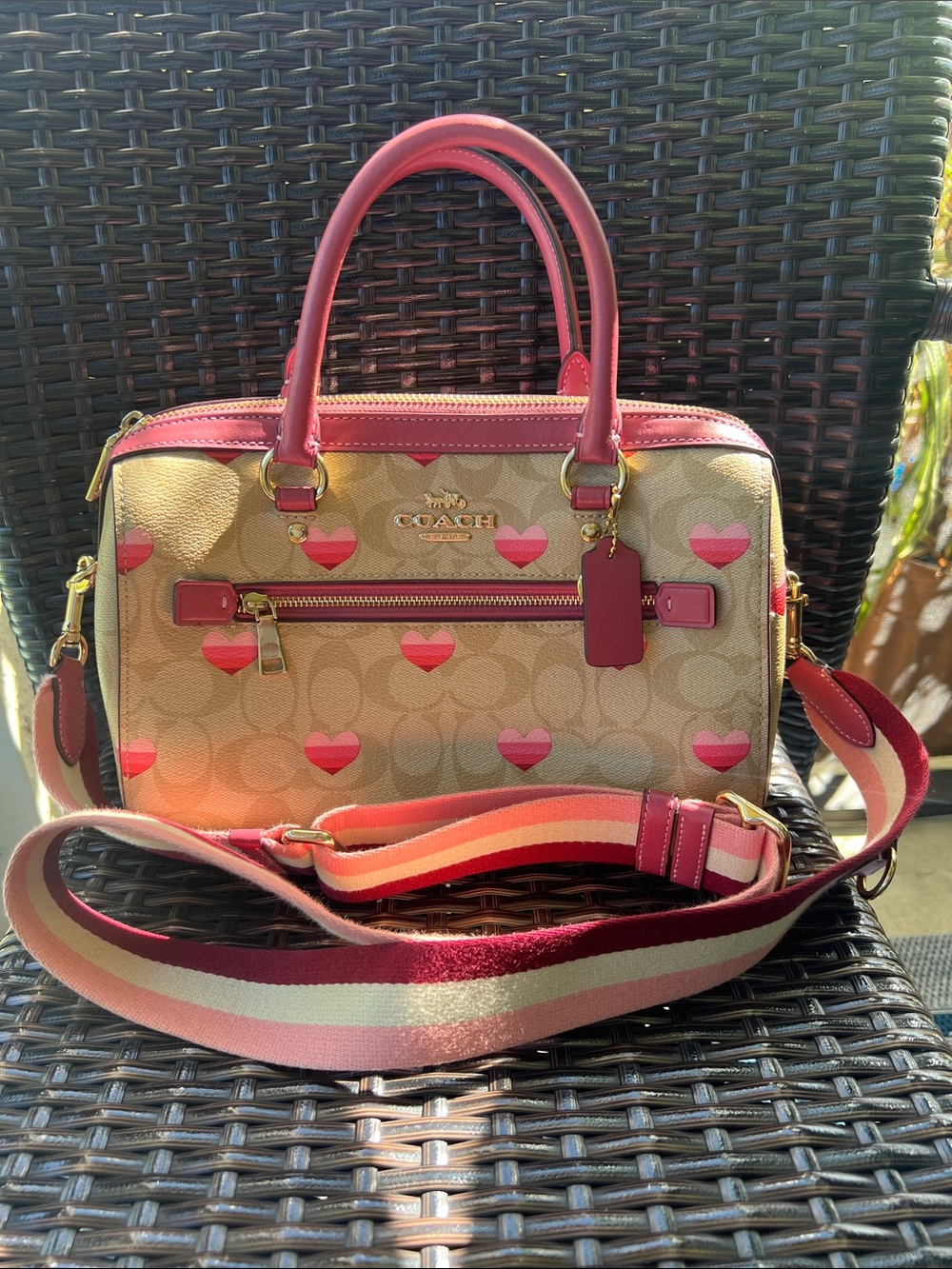 Coach Rowan satchel bag stripe heart print